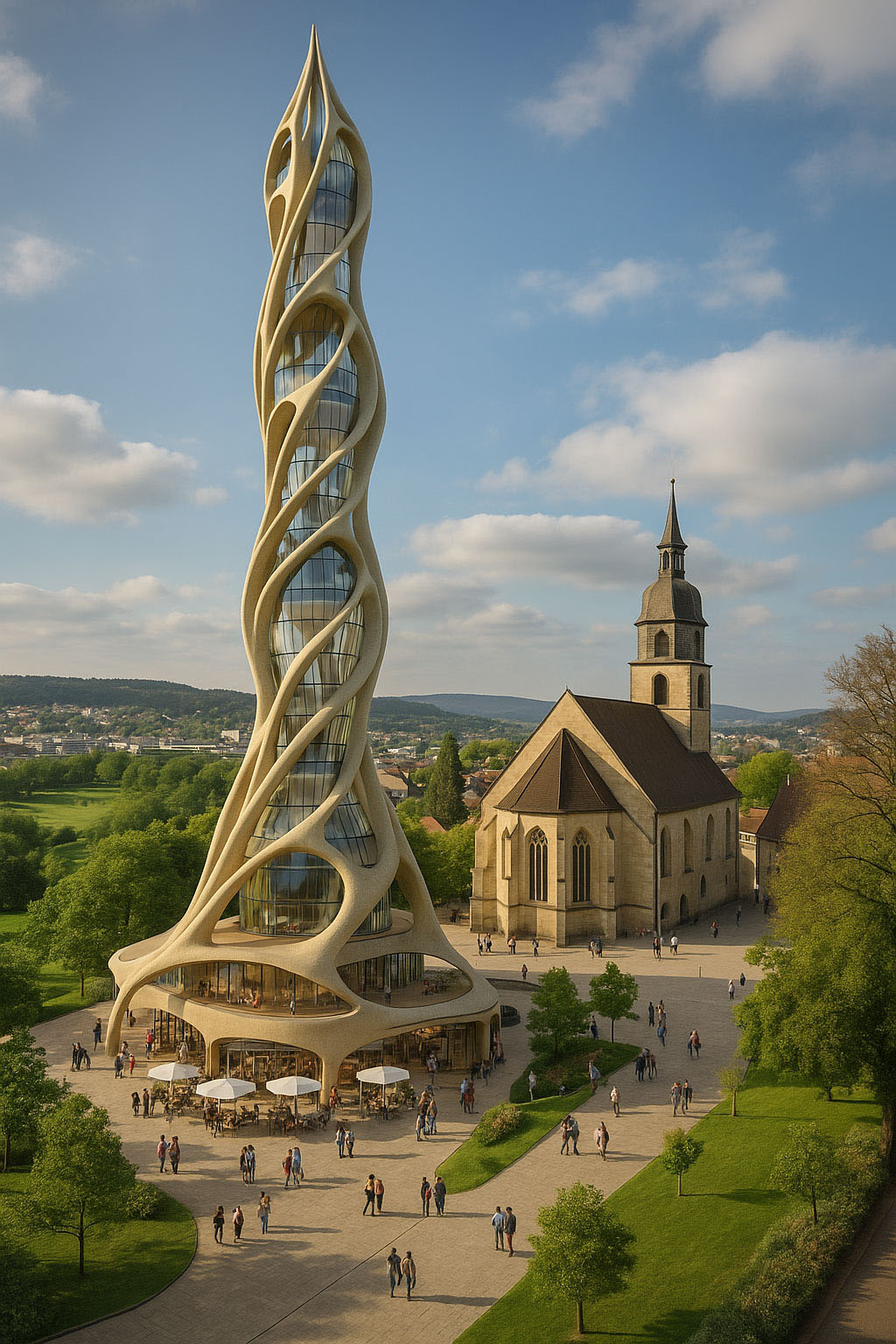 Bionic Seedtower in Böblingen neben der Stadtkirche als architektonisches Signal