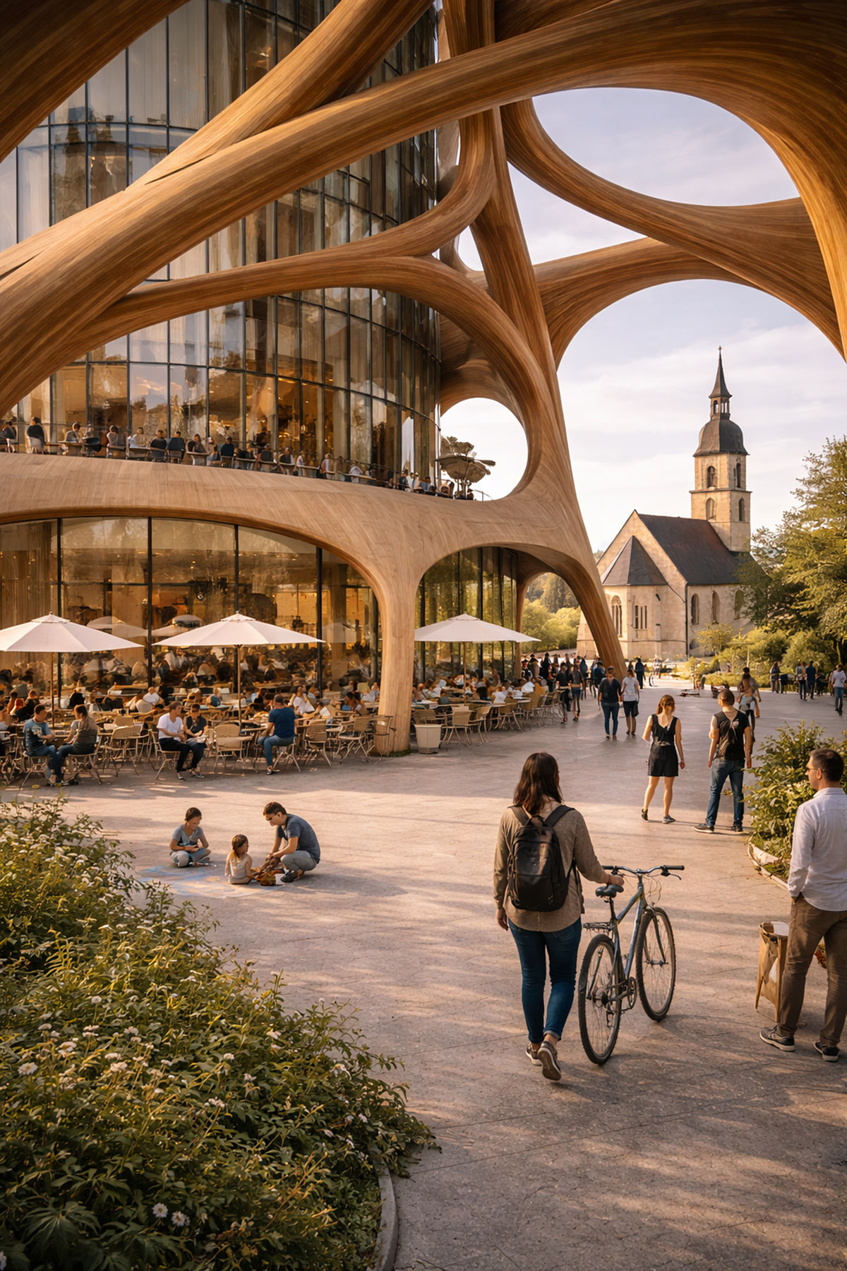 Öffentlicher Raum am Seedtower mit Menschen, Café und Blick zur Stadtkirche